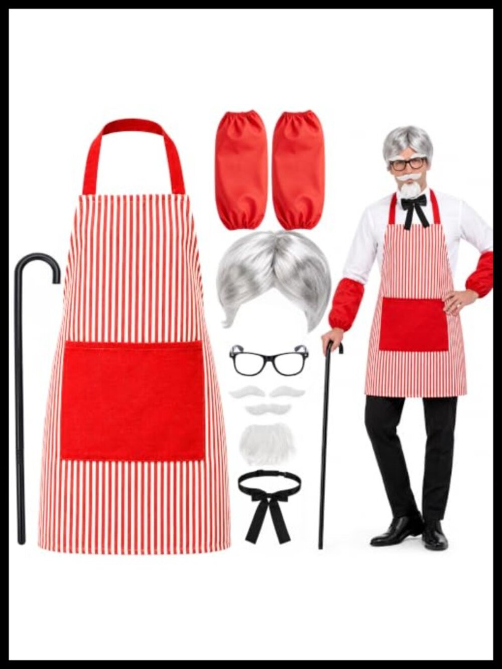 Men Halloween Fast Food Costume Kit Striped Chef Apron Wig Beard Cosplay
